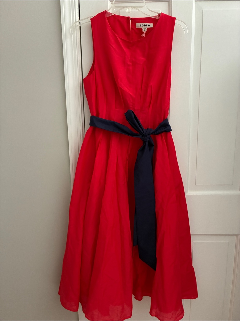 Boden NWT Red Sleeveless Midi Dress with Navy Waist Tie - cotton silk blend - 6P